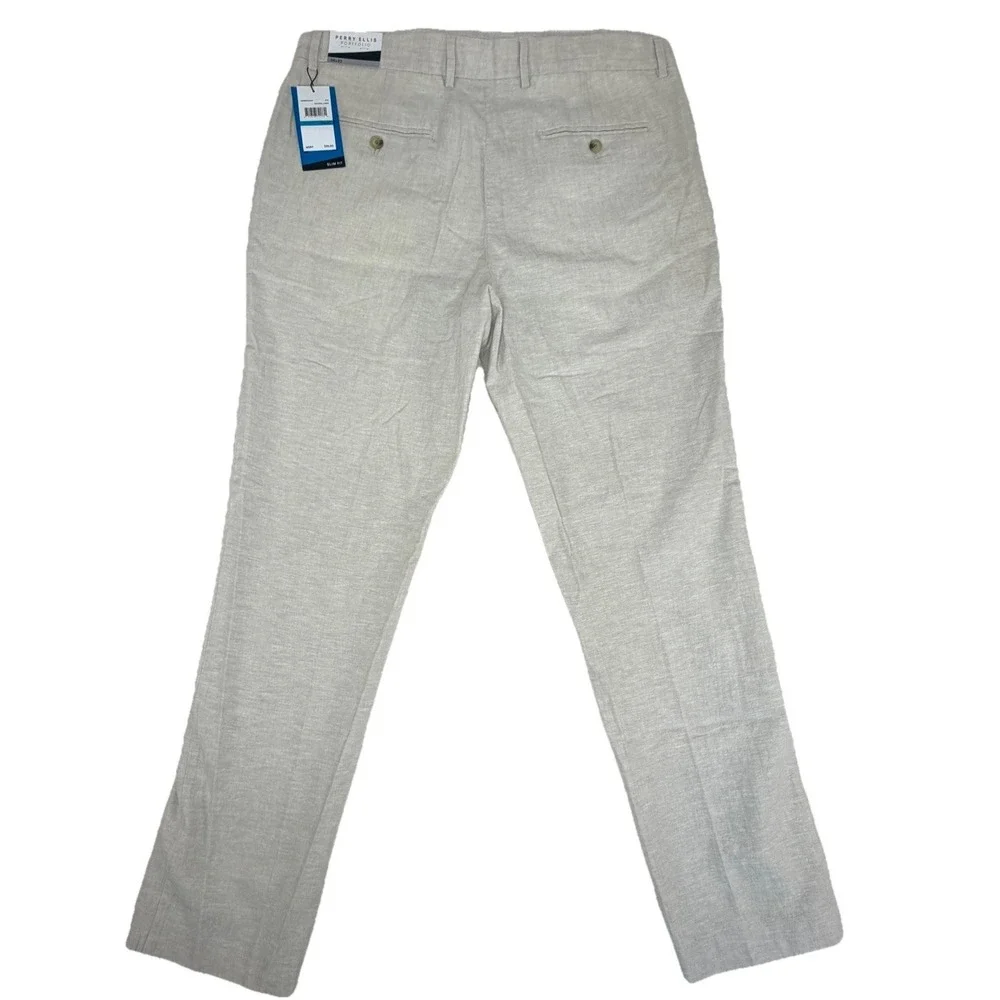 NWT Perry Ellis‎ Portfolio Men's Slim Fit Pants Sz 36x32 Natural Linen Blend $95